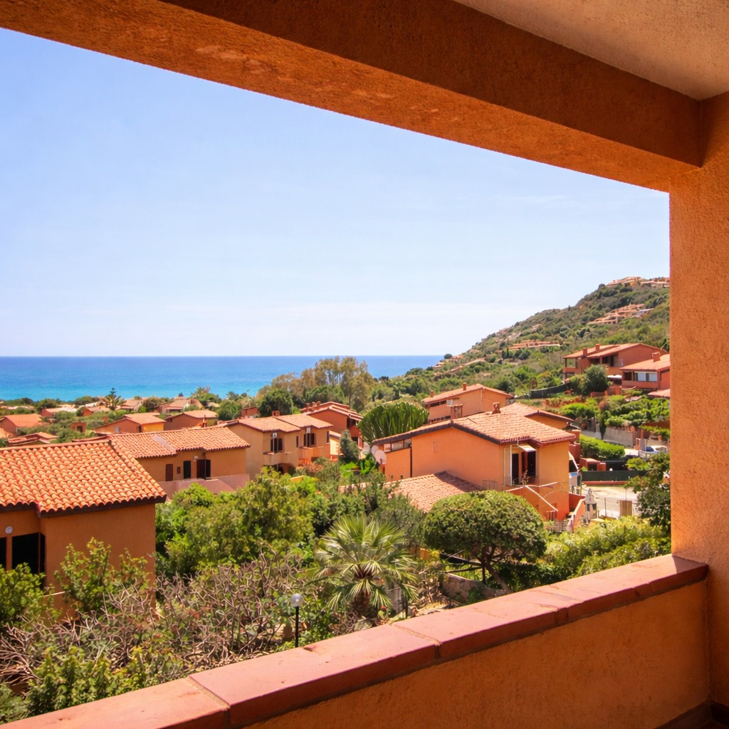 Vista dalla terrazza privata della villetta in Sardegna con panorama sul mare